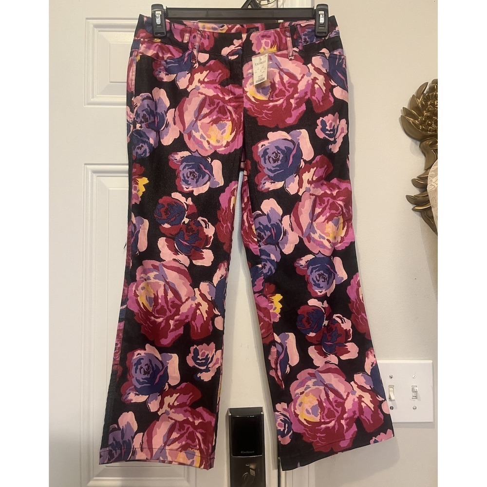 Vintage Y2K Express Floral Pants NWT Size 5/6 Pink Purple Capri Crop Mid Rise